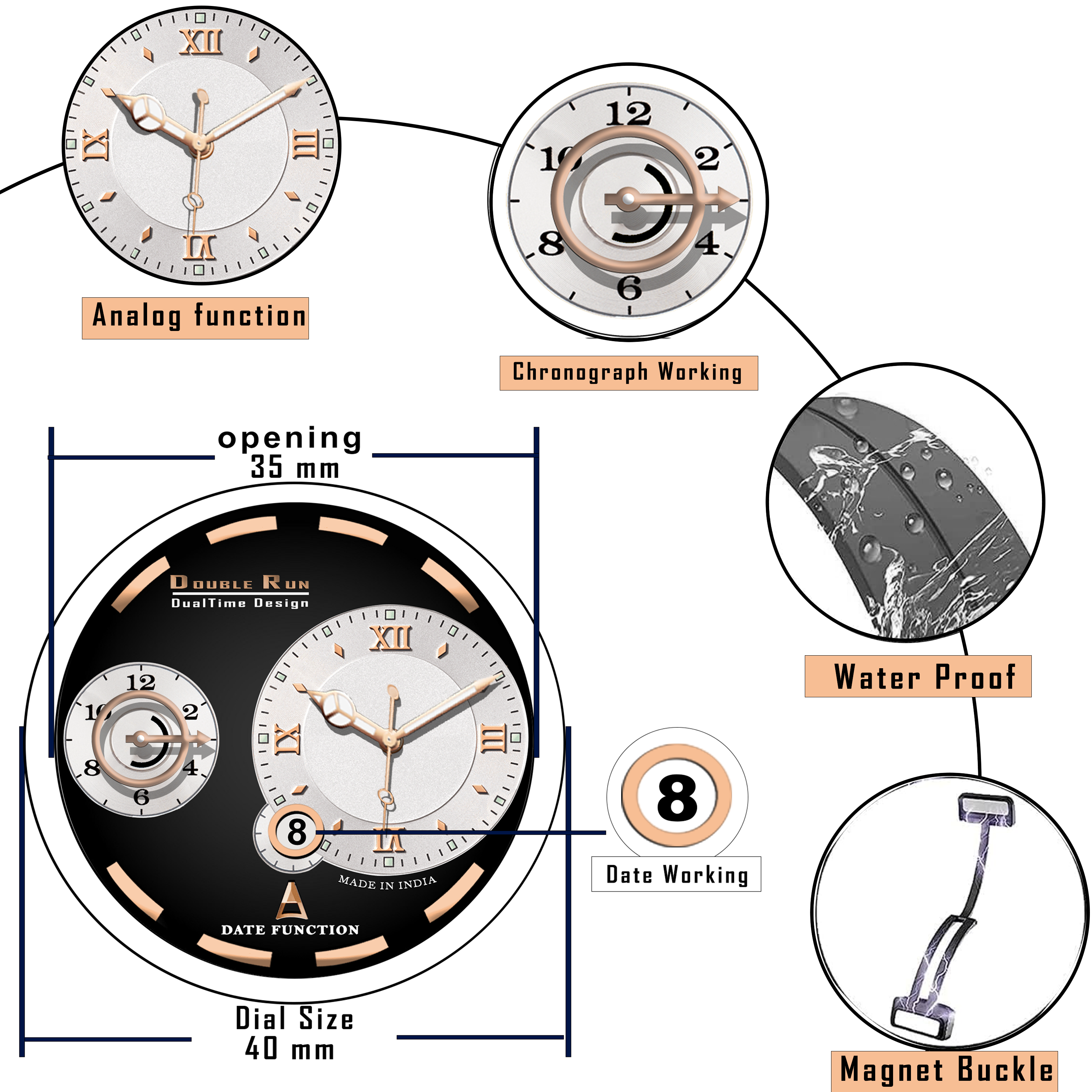 Doublerun DR16015 Men’s Analog Watch | Dual Time Dial, Working Chronograph & Date | Copper Case with Magnetic Buckle |