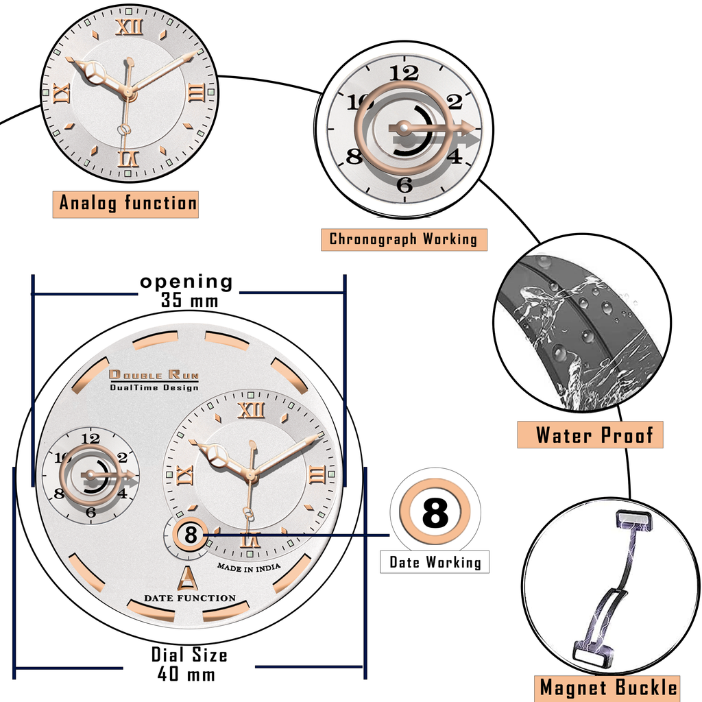 Doublerun DR16016 Men’s Analog Watch | Dual Time Dial, Working Chronograph & Date | Copper Case with Magnetic Buckle |
