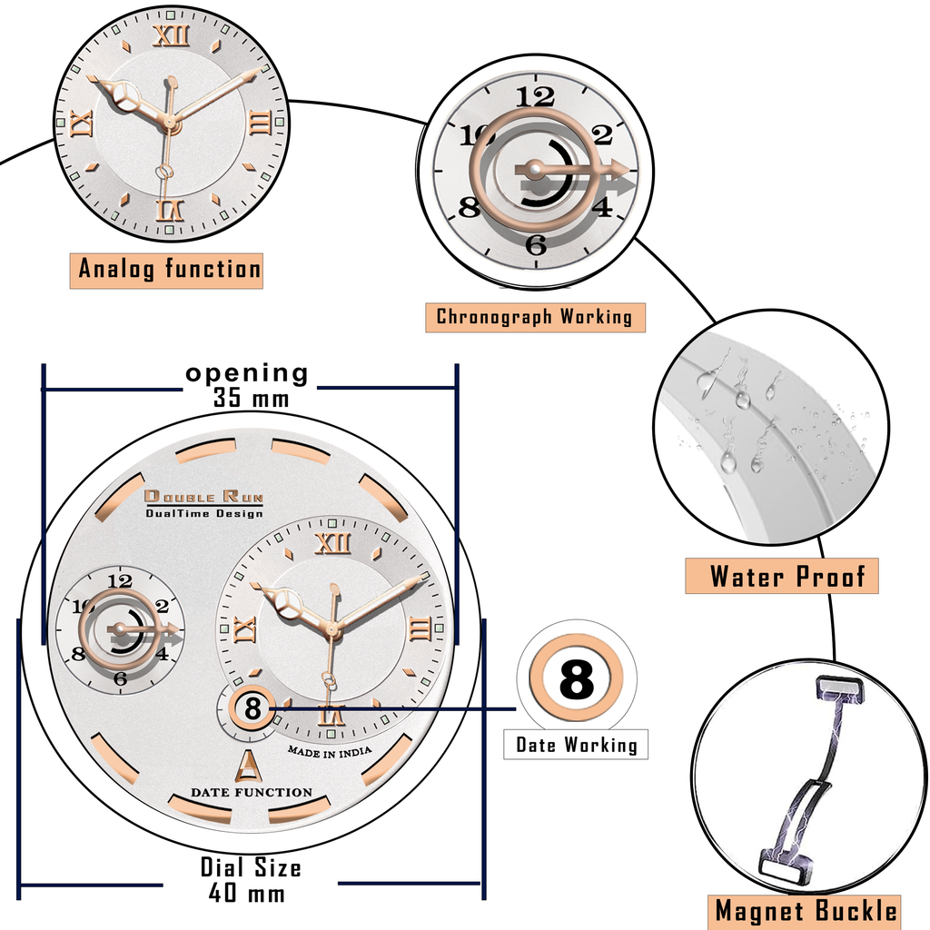 Doublerun DR16017 Men's Analog Watch | Dual Time Dial, Working Chronograph & Date | Copper Case with Magnetic Buckle |