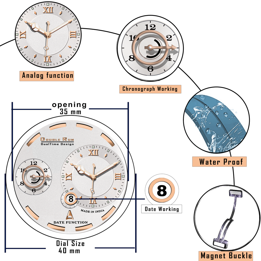 Doublerun DR16018 Men’s Analog Watch | Dual Time Dial, Working Chronograph & Date | Copper Case with Magnetic Buckle |