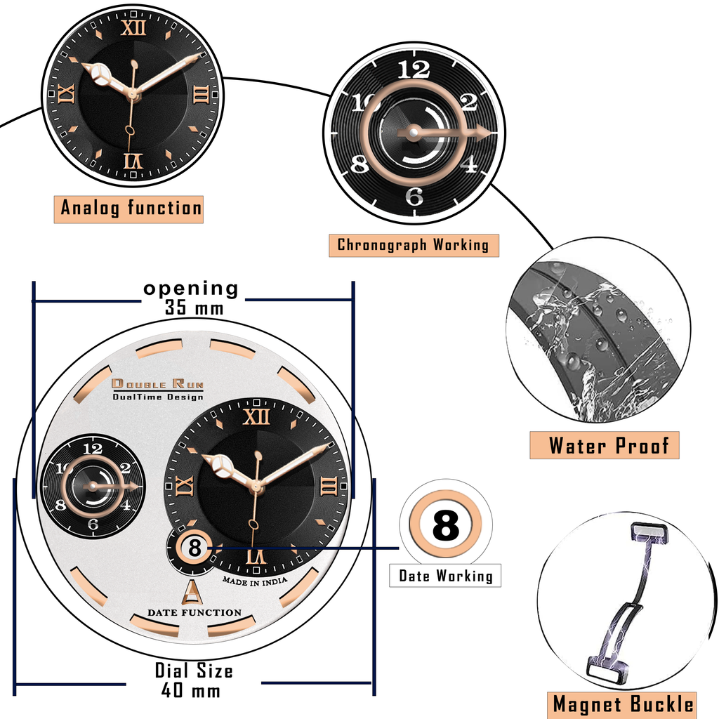 Doublerun DR16036 Men’s Analog Watch | Dual Time Dial, Working Chronograph & Date | Copper Case with Magnetic Buckle |