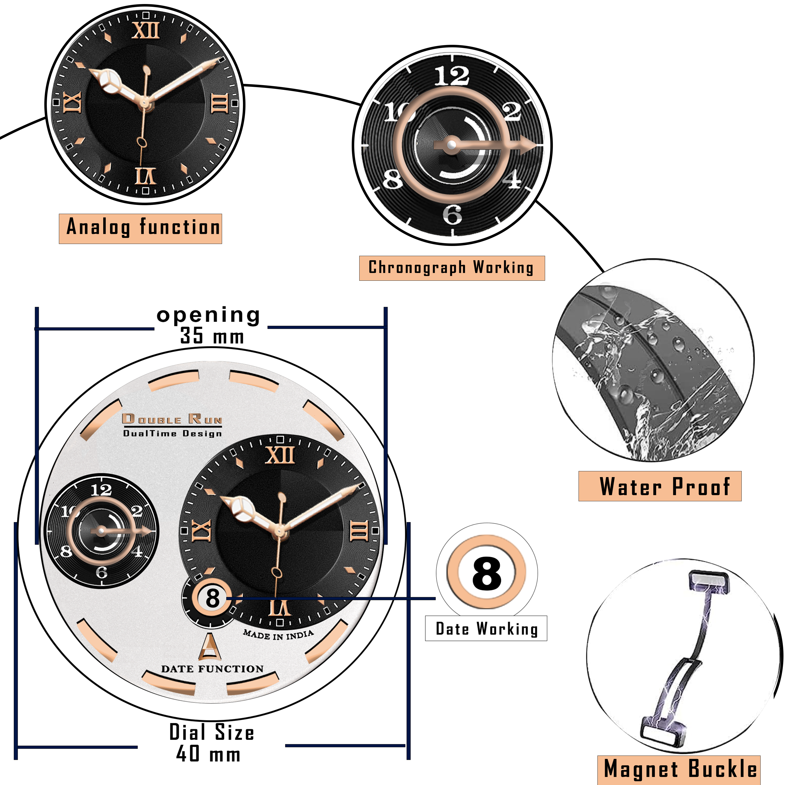 Doublerun DR16036 Men’s Analog Watch | Dual Time Dial, Working Chronograph & Date | Copper Case with Magnetic Buckle |