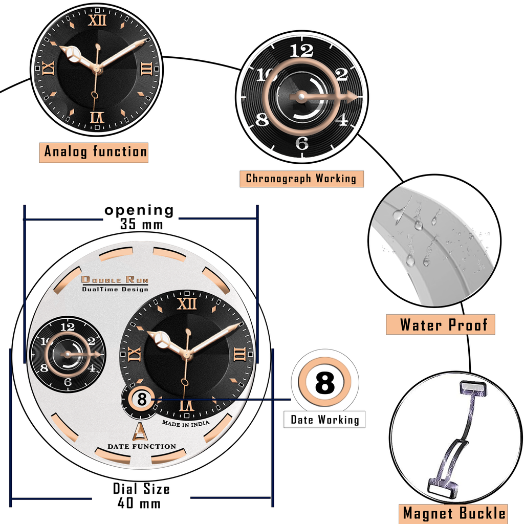 Doublerun DR16037 Men’s Analog Watch | Dual Time Dial, Working Chronograph & Date | Copper Case with Magnetic Buckle |