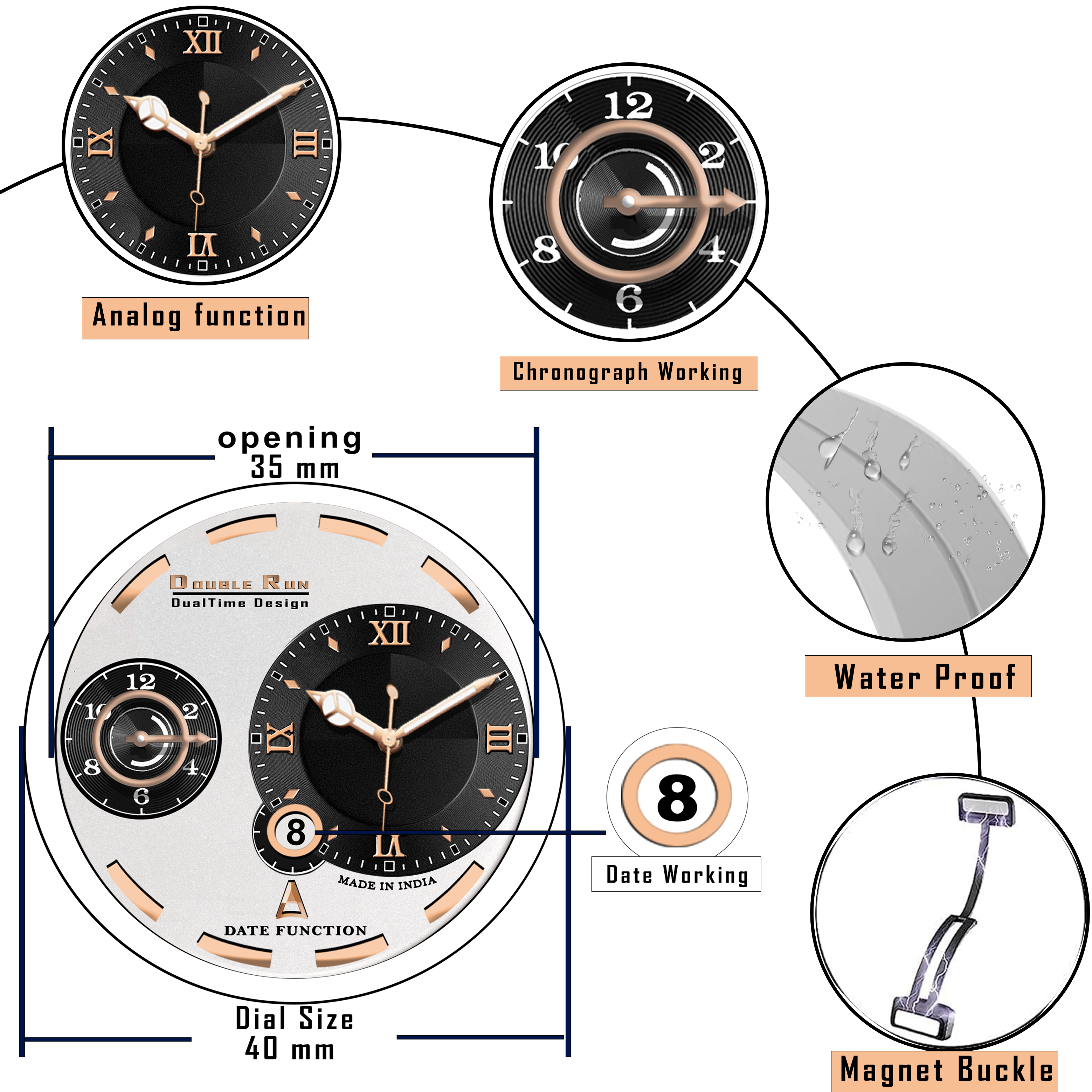 Doublerun DR16037 Men’s Analog Watch | Dual Time Dial, Working Chronograph & Date | Copper Case with Magnetic Buckle |