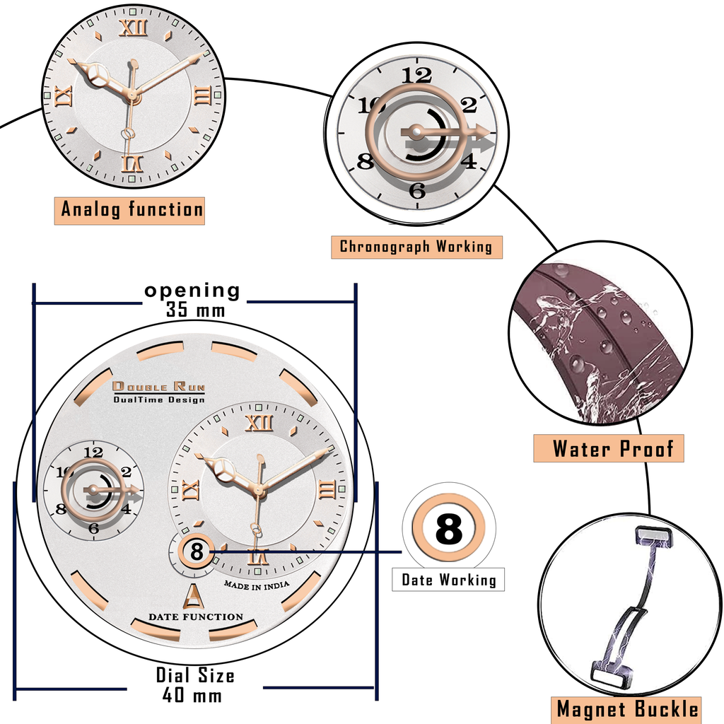 Doublerun DR16038 Men’s Analog Watch | Dual Time Dial, Working Chronograph & Date | Copper Case with Magnetic Buckle |