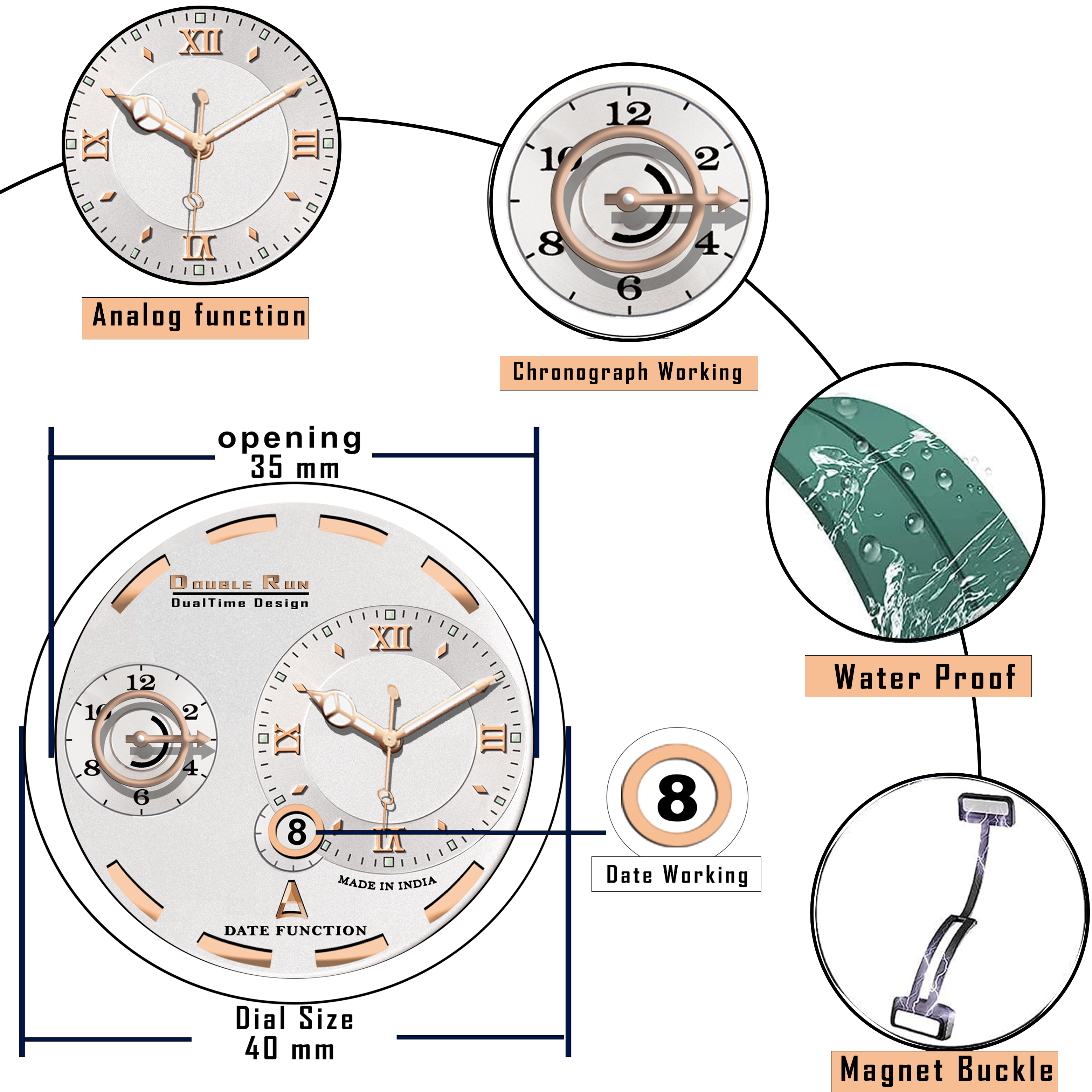 Doublerun DR16039 Men’s Analog Watch | Dual Time Dial, Working Chronograph & Date | Copper Case with Magnetic Buckle |