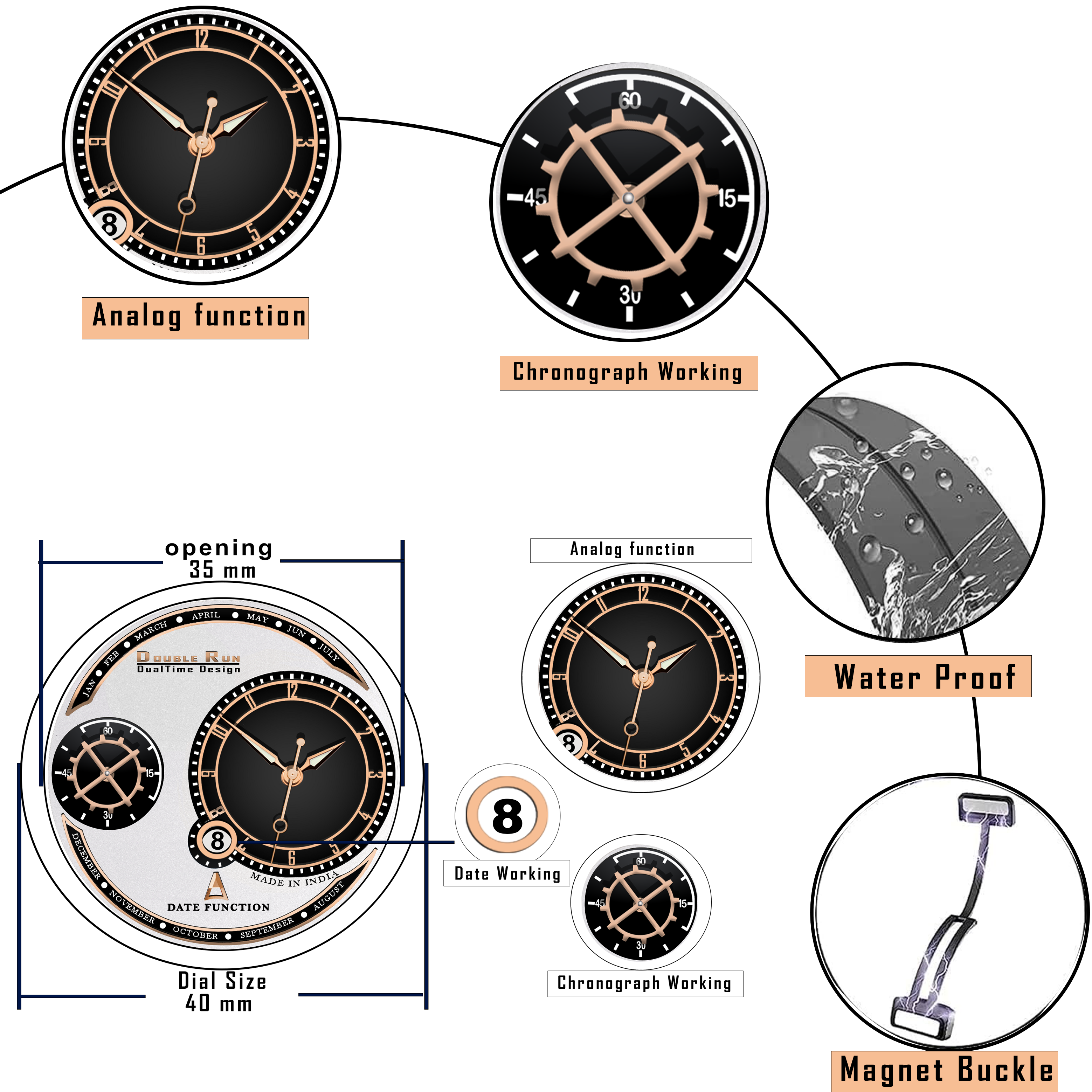 DOUBLERUN DR17015 Men’s Chronograph Watch | Waterproof, 3D Glass, Premium Silicone Strap