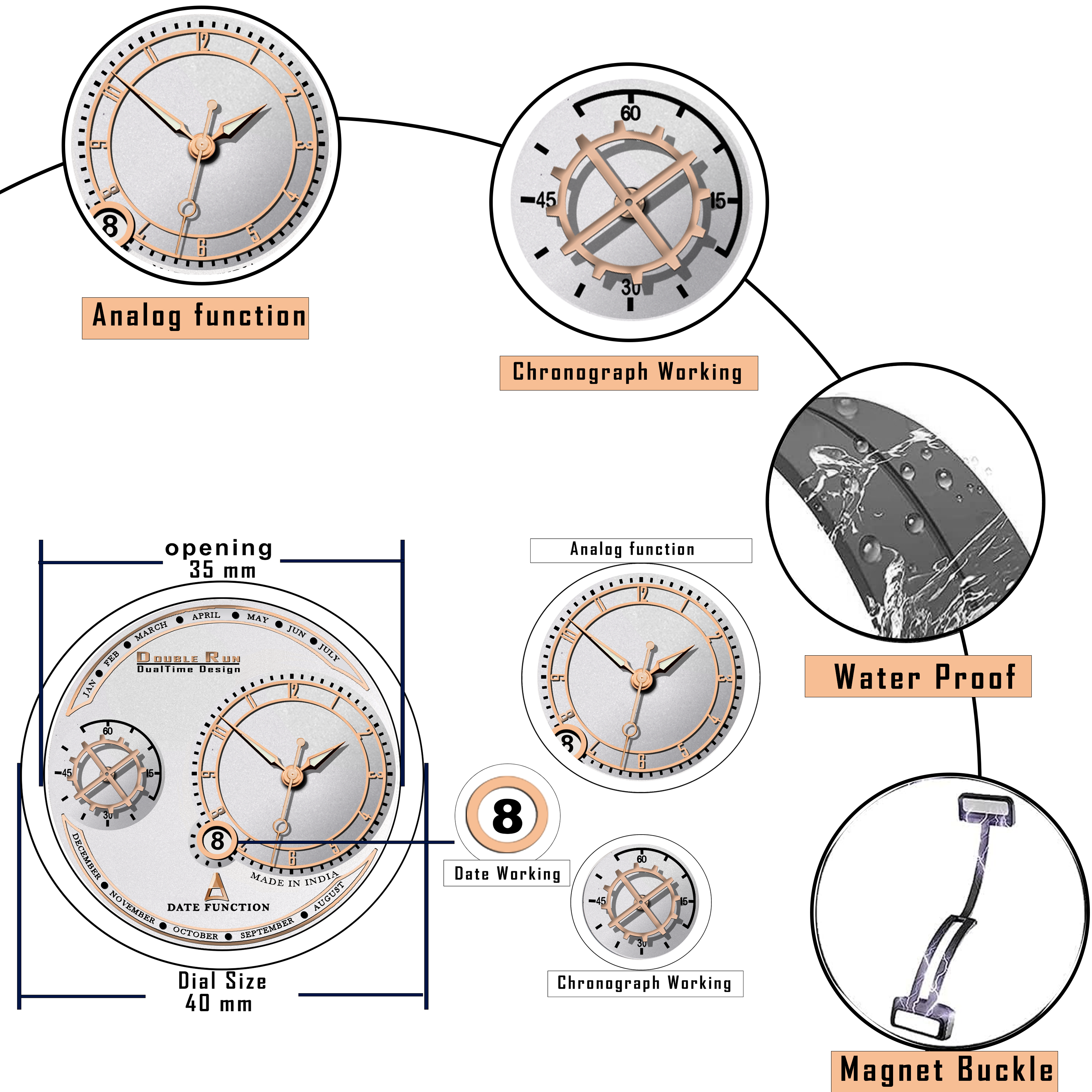 DOUBLERUN DR17016 Men’s Chronograph Watch | Waterproof, 3D Glass, Premium Silicone Strap