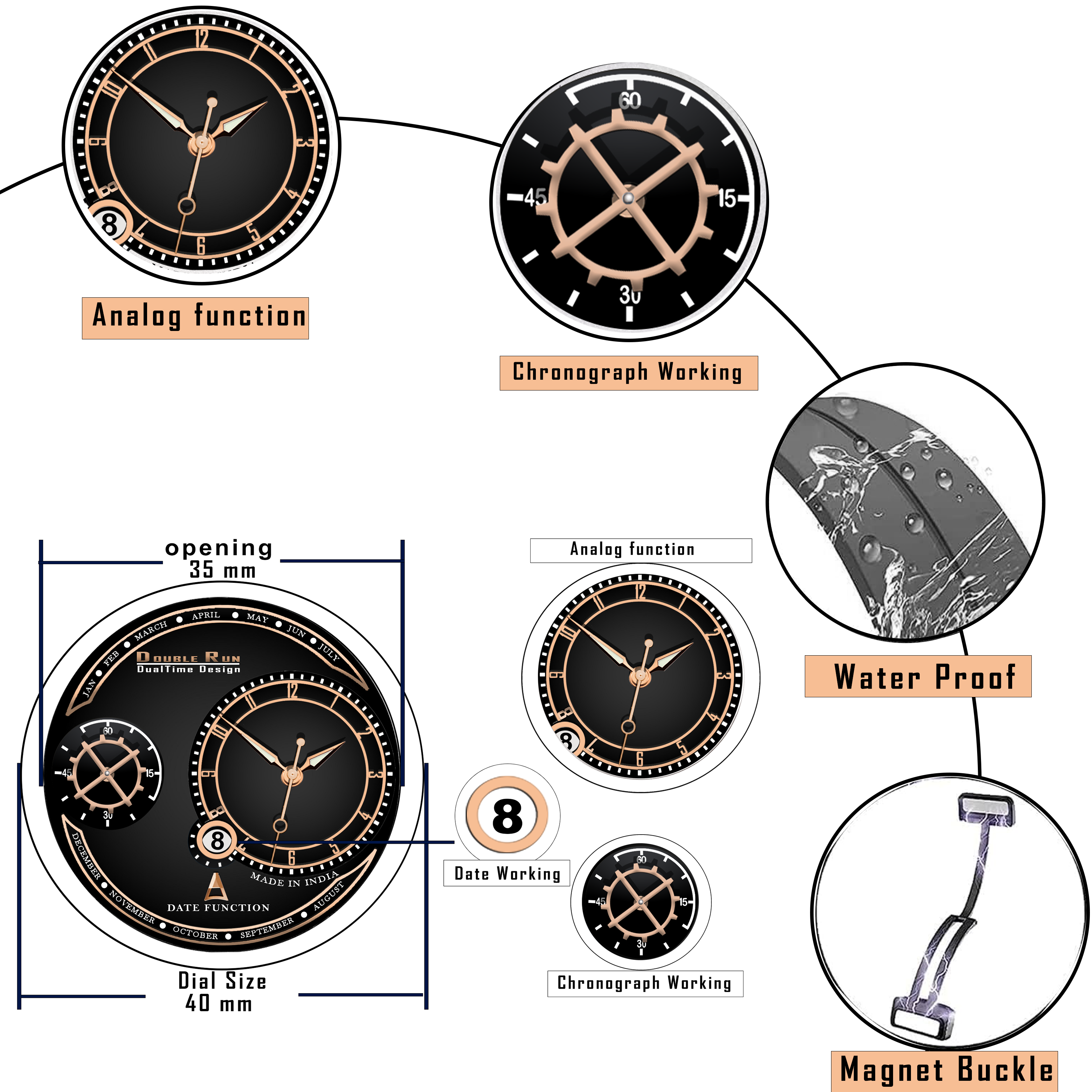 DOUBLERUN DR17034 Men’s Chronograph Watch | Waterproof, 3D Glass, Premium Silicone Strap