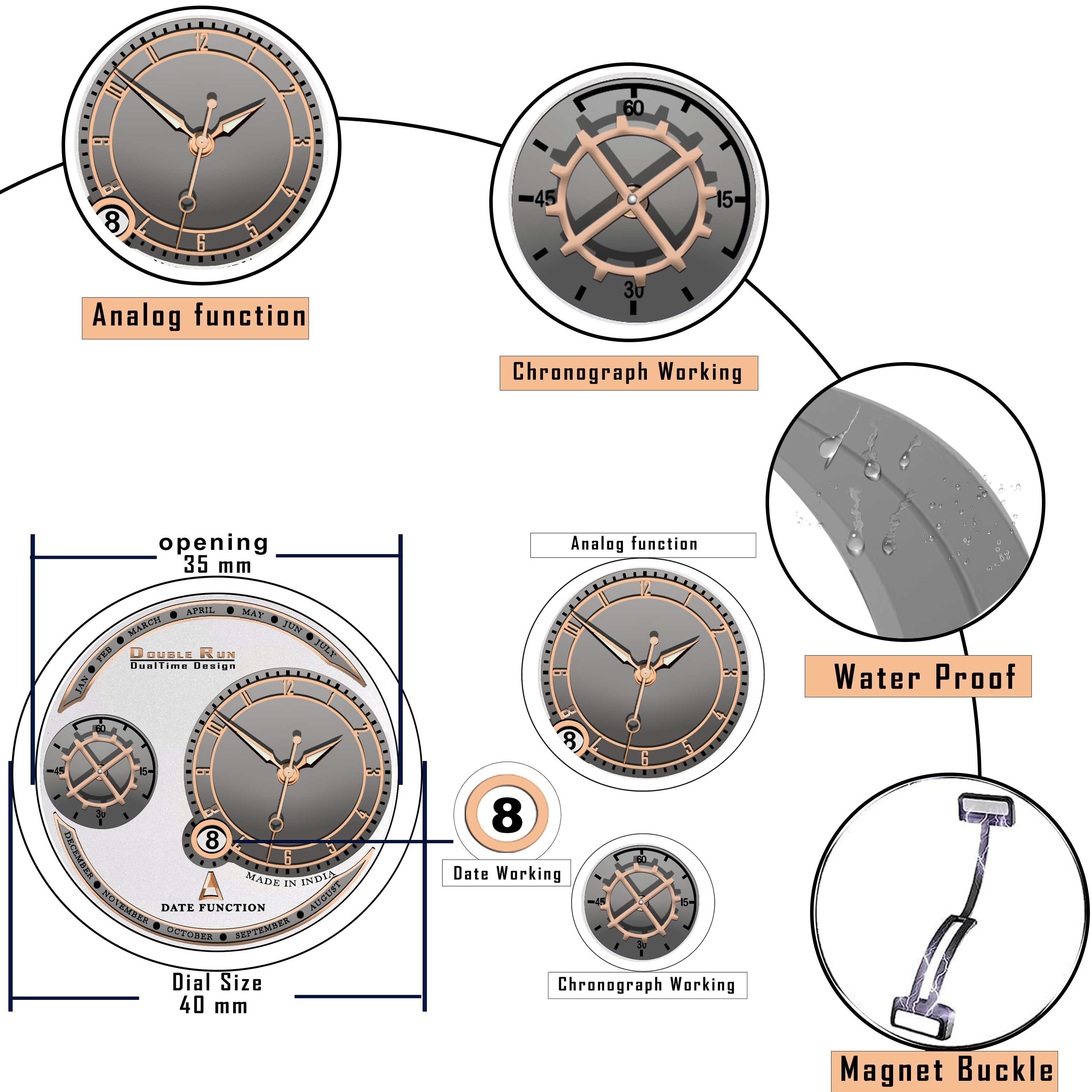 DOUBLERUN DR17035 Men’s Chronograph Watch | Waterproof, 3D Glass, Premium Silicone Strap