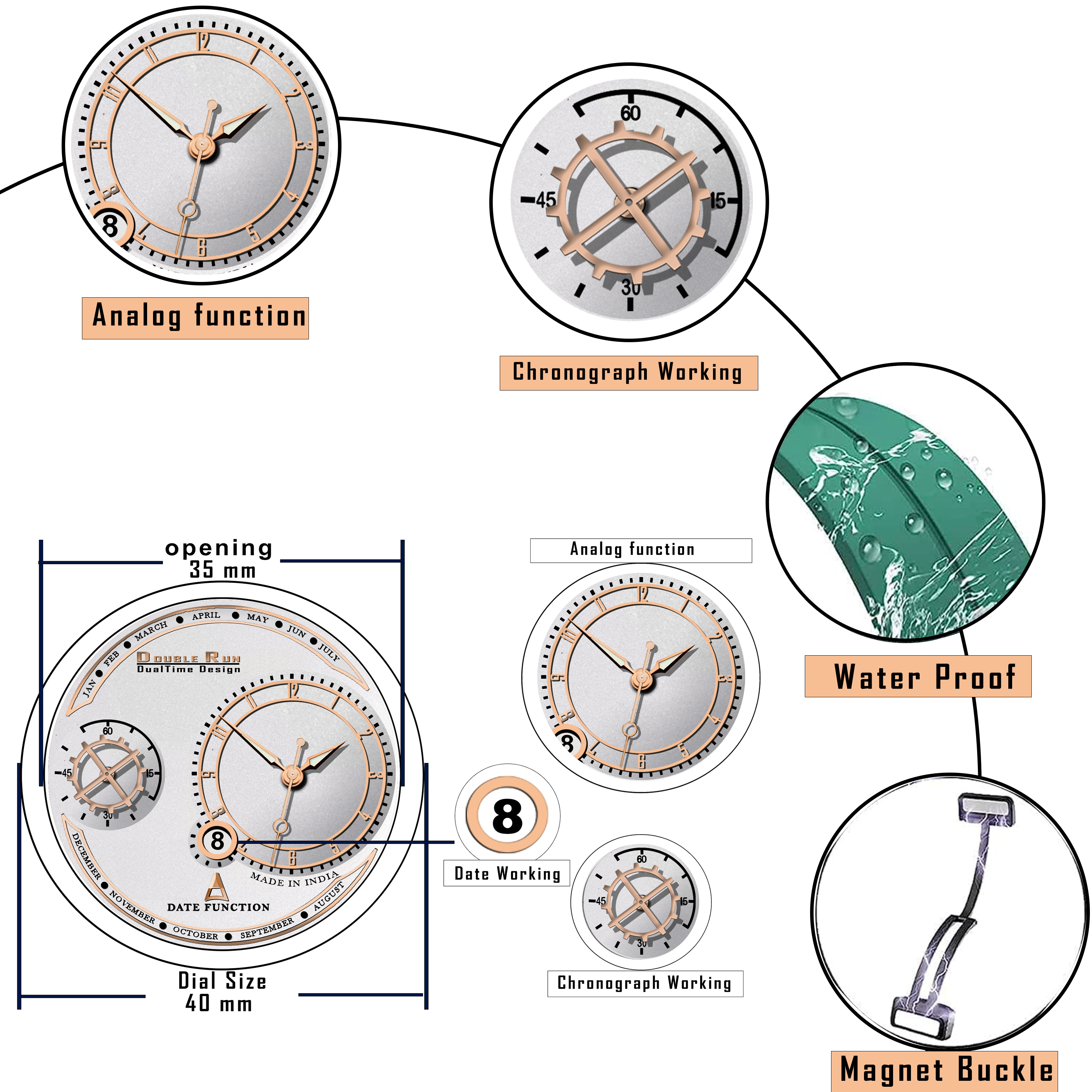 DOUBLERUN DR17039 Men’s Chronograph Watch | Waterproof, 3D Glass, Premium Silicone Strap
