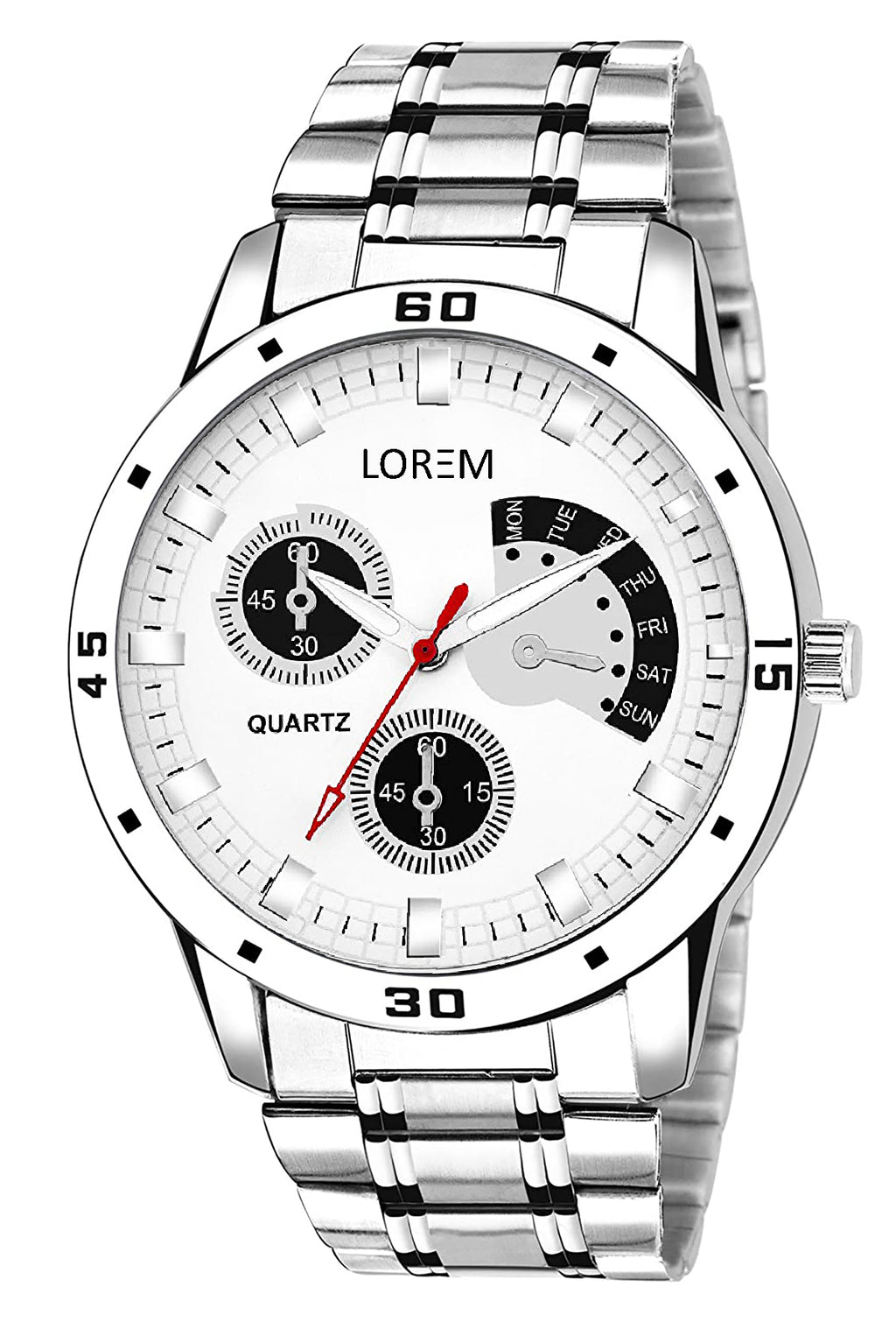 LOREM LR101 Men’s Stainless Steel 22mm Strap Wrist Watch with Day Function & Zinc Alloy Case