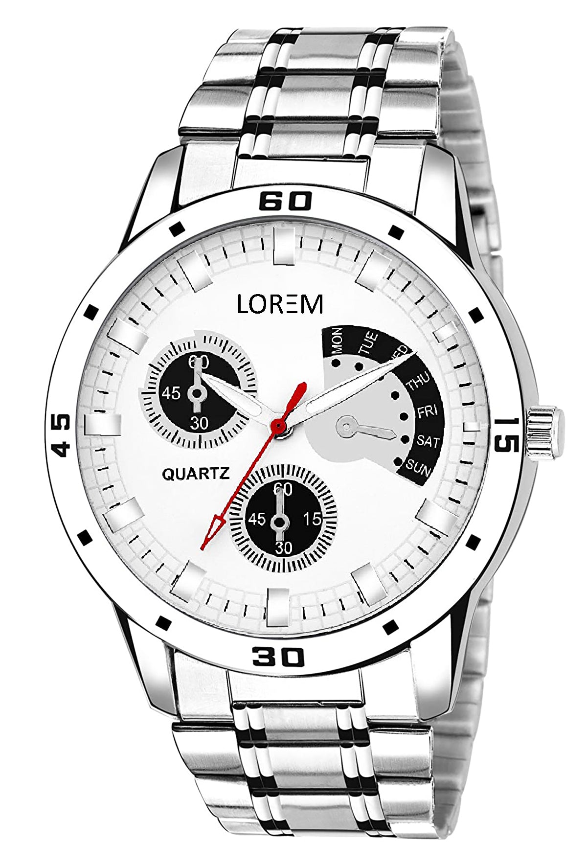 LOREM LR101 Men’s Stainless Steel 22mm Strap Wrist Watch with Day Function & Zinc Alloy Case