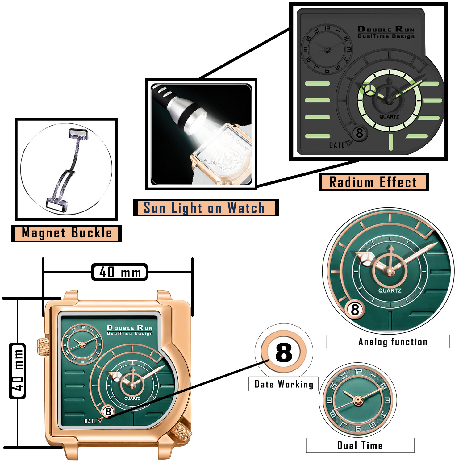 Doublerun DR31011 Dual-Time Analog Watch for Men | Copper Case, Radium Glow, Working Date, Magnetic Buckle | Multiple Color Options