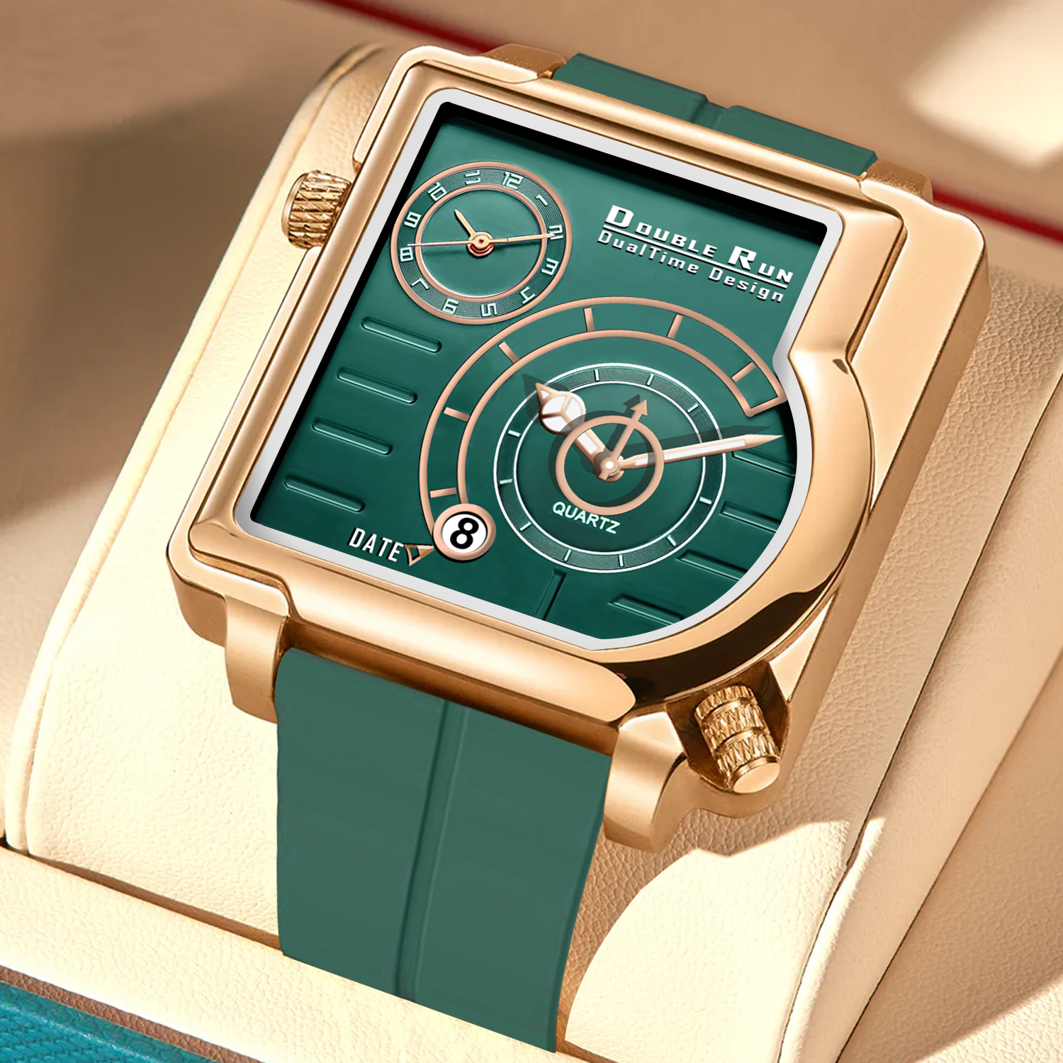 Doublerun DR31012 Dual-Time Analog Watch for Men | Copper Case, Radium Glow, Working Date, Magnetic Buckle | Multiple Color Options