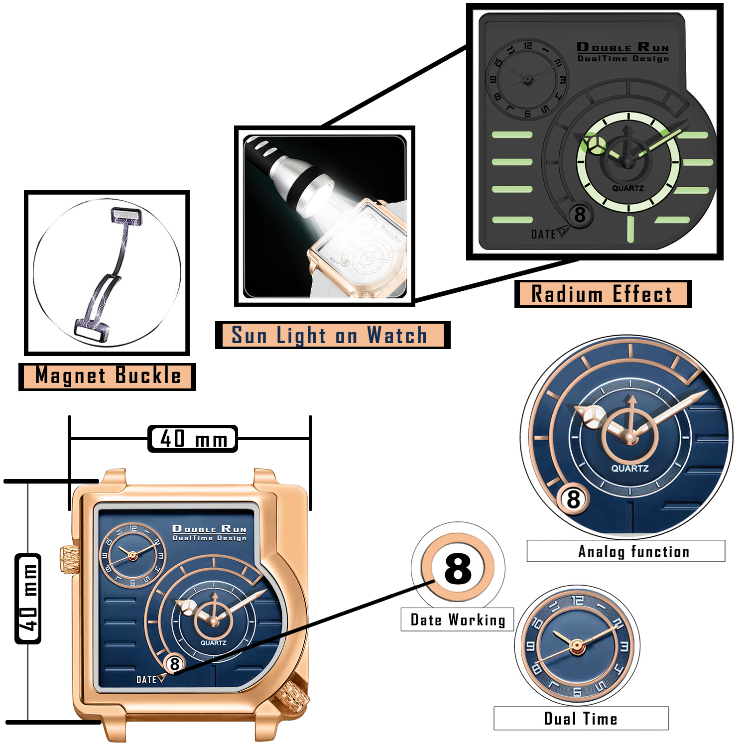 Doublerun DR31013 Dual-Time Analog Watch for Men | Copper Case, Radium Glow, Working Date, Magnetic Buckle | Multiple Color Options