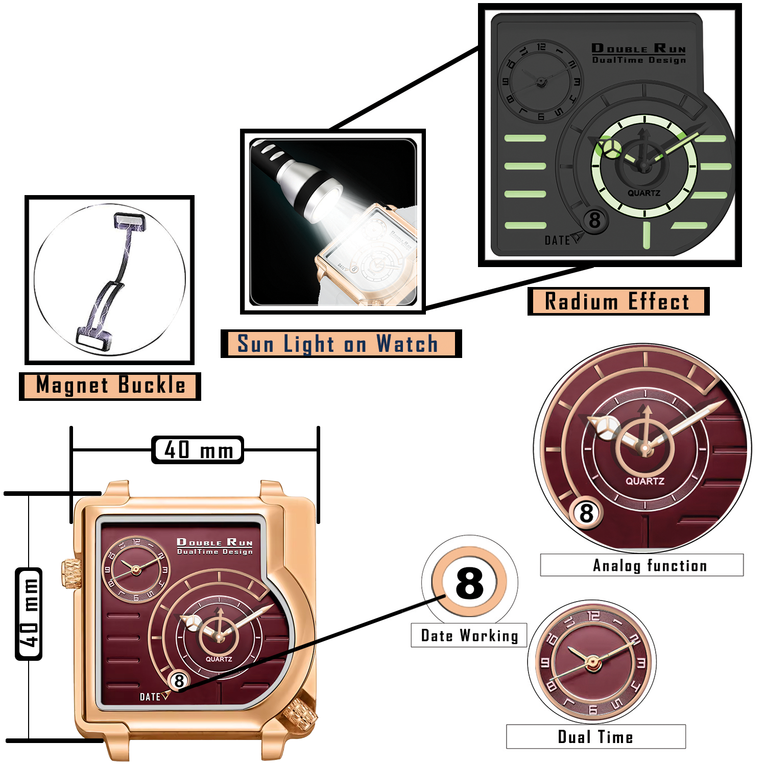 Doublerun DR31014 Dual-Time Analog Watch for Men | Copper Case, Radium Glow, Working Date, Magnetic Buckle | Multiple Color Options