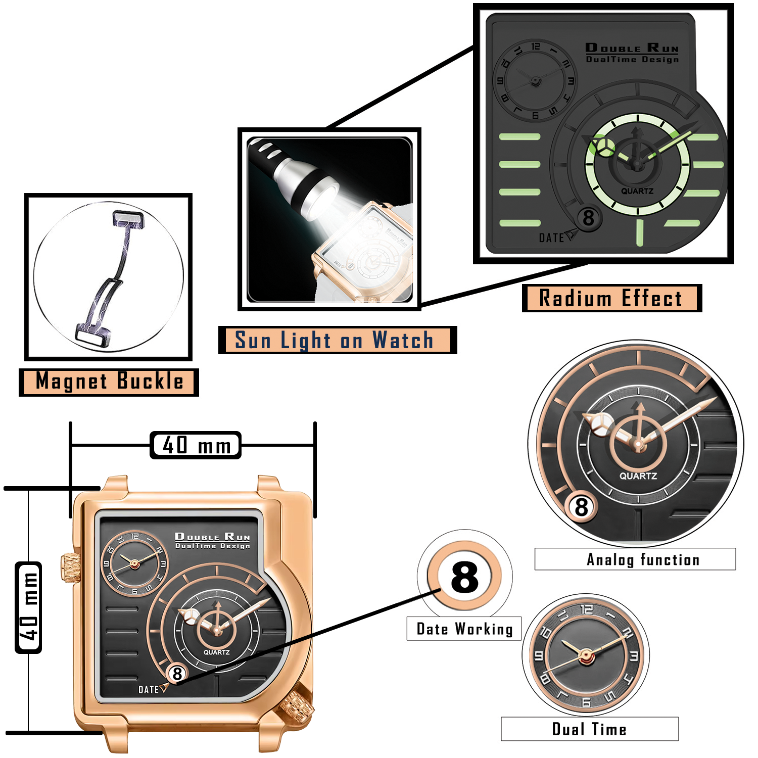 Doublerun DR31015 Dual-Time Analog Watch for Men | Copper Case, Radium Glow, Working Date, Magnetic Buckle | Multiple Color Options