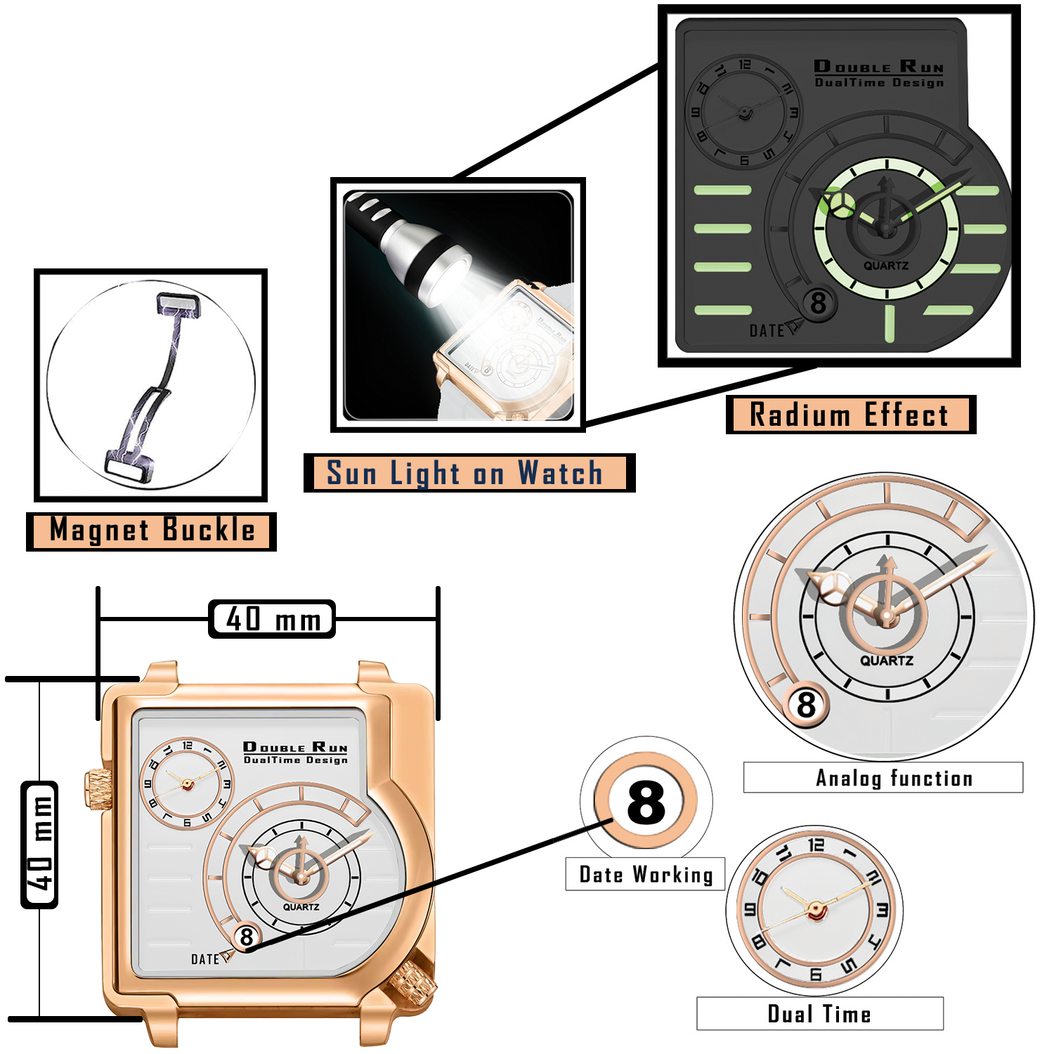 Doublerun DR31016 Dual-Time Analog Watch for Men | Copper Case, Radium Glow, Working Date, Magnetic Buckle | Multiple Color Options