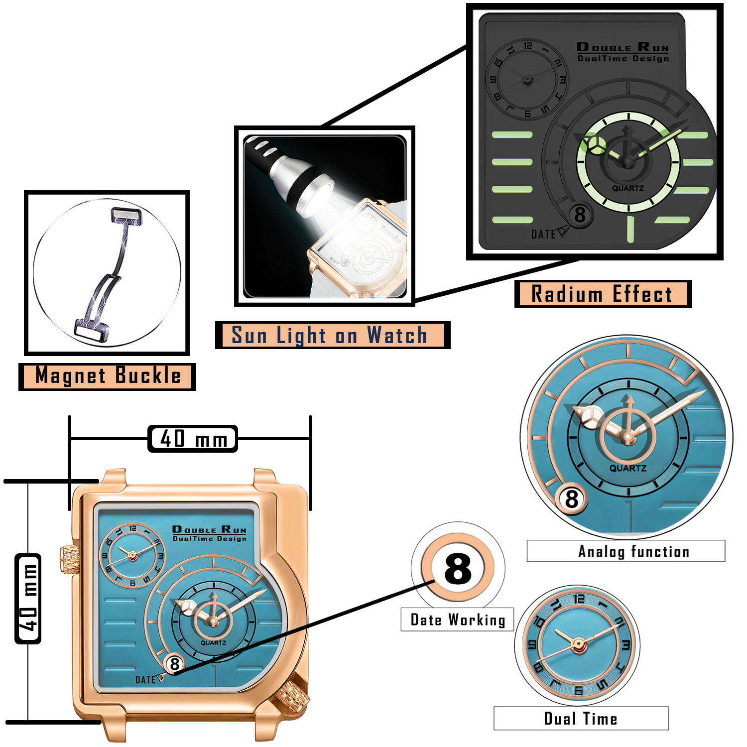 Doublerun DR31018 Dual-Time Analog Watch for Men | Copper Case, Radium Glow, Working Date, Magnetic Buckle | Multiple Color Options