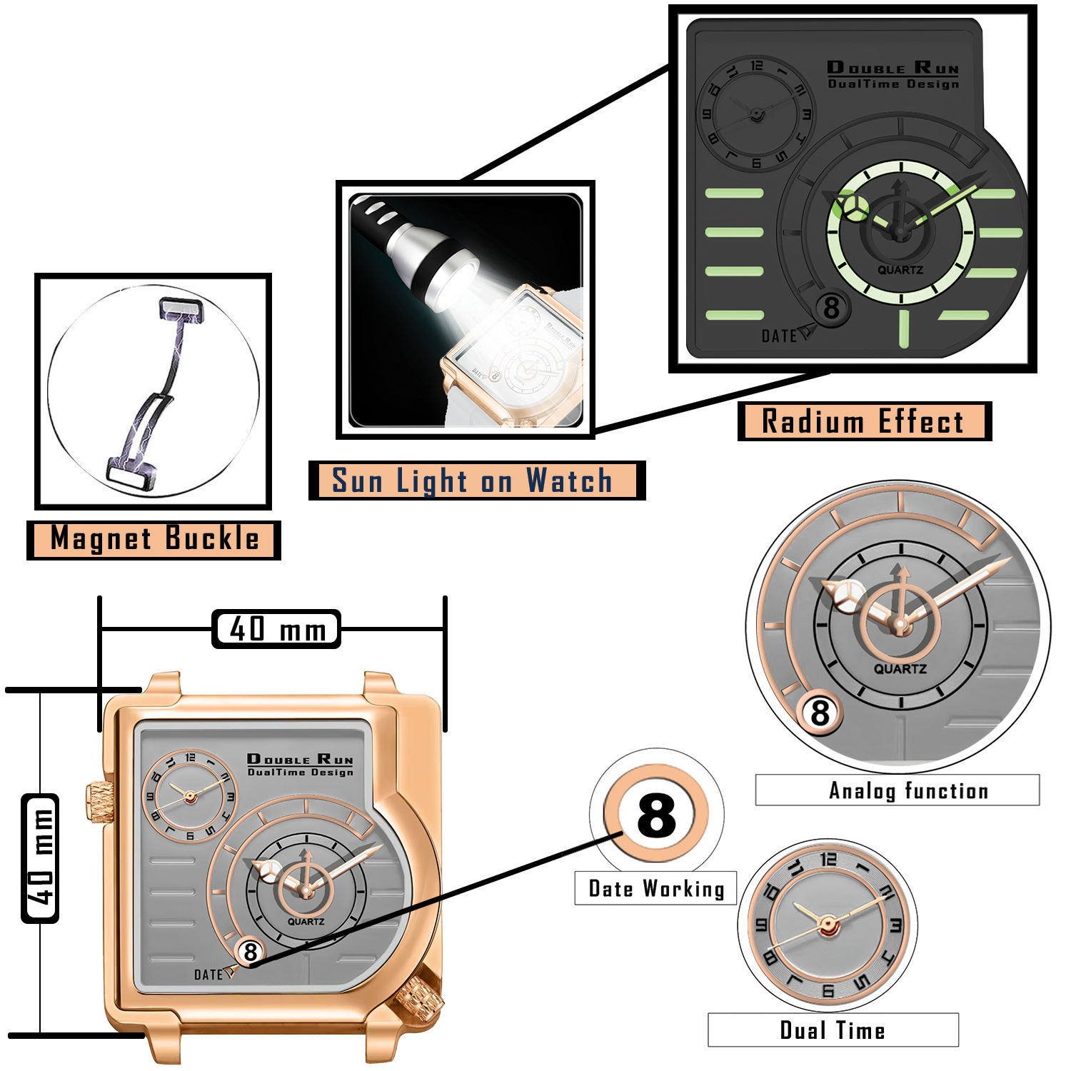 Doublerun DR31031 Dual-Time Analog Watch for Men | Copper Case, Radium Glow, Working Date, Magnetic Buckle | Multiple Color Options