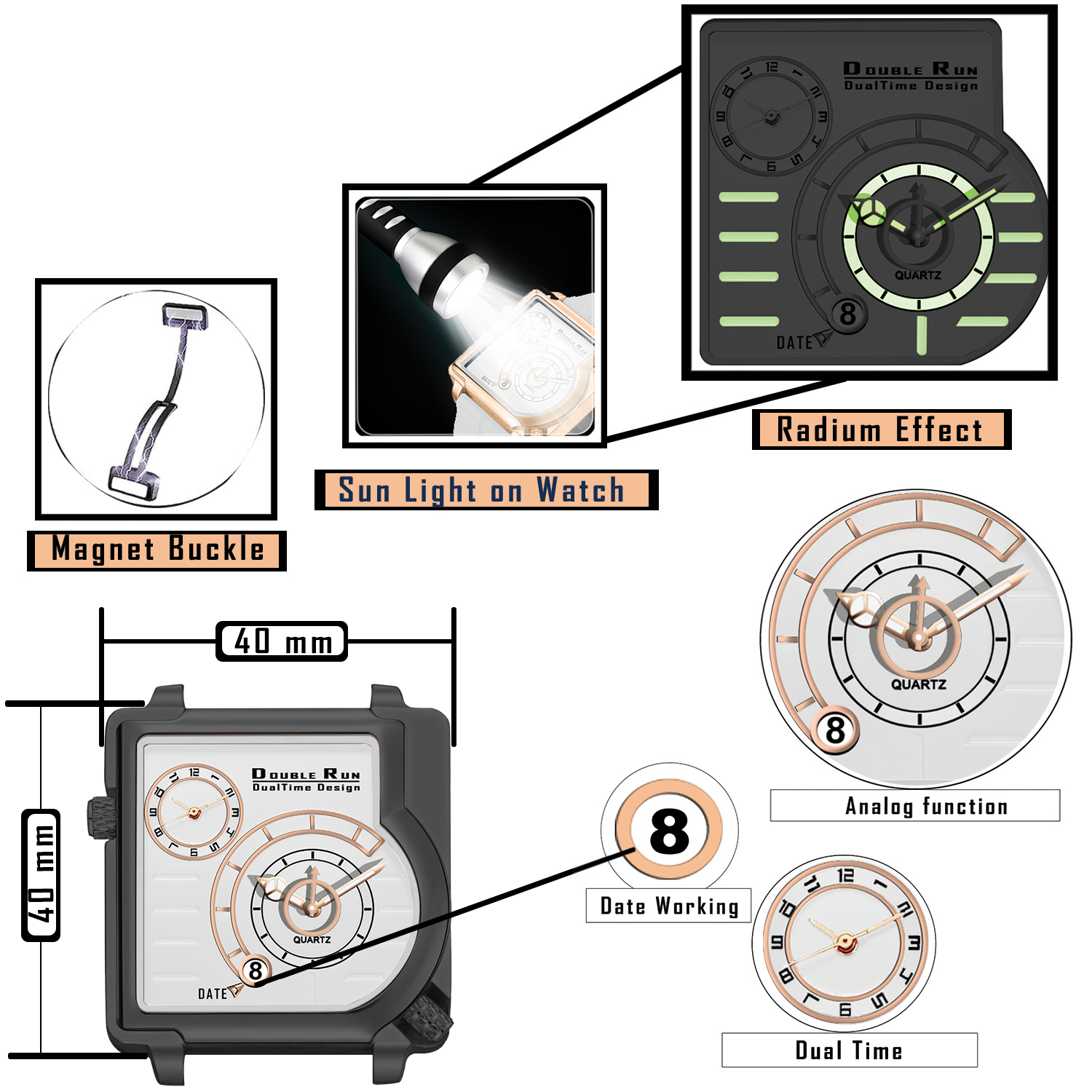 Doublerun DR31057 Dual-Time Analog Watch for Men | Radium Glow, Working Date, Magnetic Buckle | Multiple Dial & Strap Colors