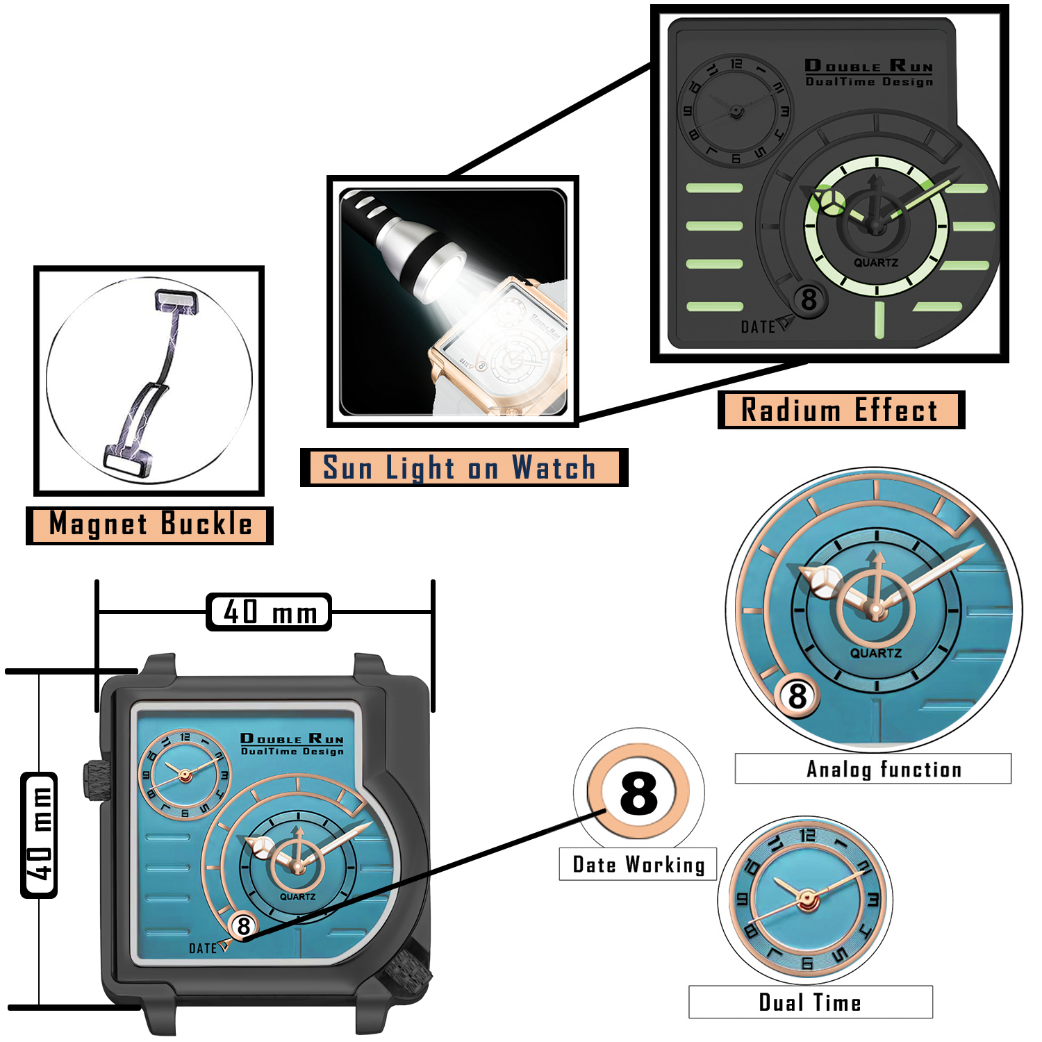 Doublerun DR31058 Dual-Time Analog Watch for Men | Radium Glow, Working Date, Magnetic Buckle | Multiple Dial & Strap Colors