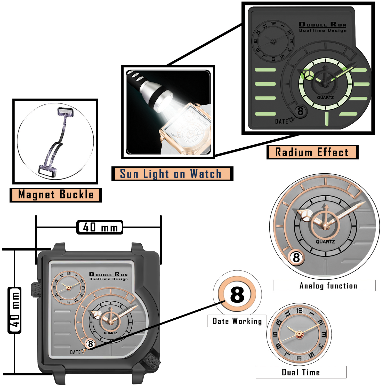 Doublerun DR31061 Dual-Time Analog Watch for Men | Radium Glow, Working Date, Magnetic Buckle | Multiple Dial & Strap Colors