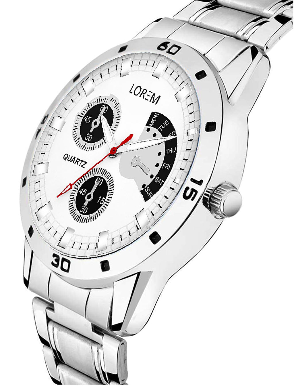 LOREM LR101 Men’s Stainless Steel 22mm Strap Wrist Watch with Day Function & Zinc Alloy Case
