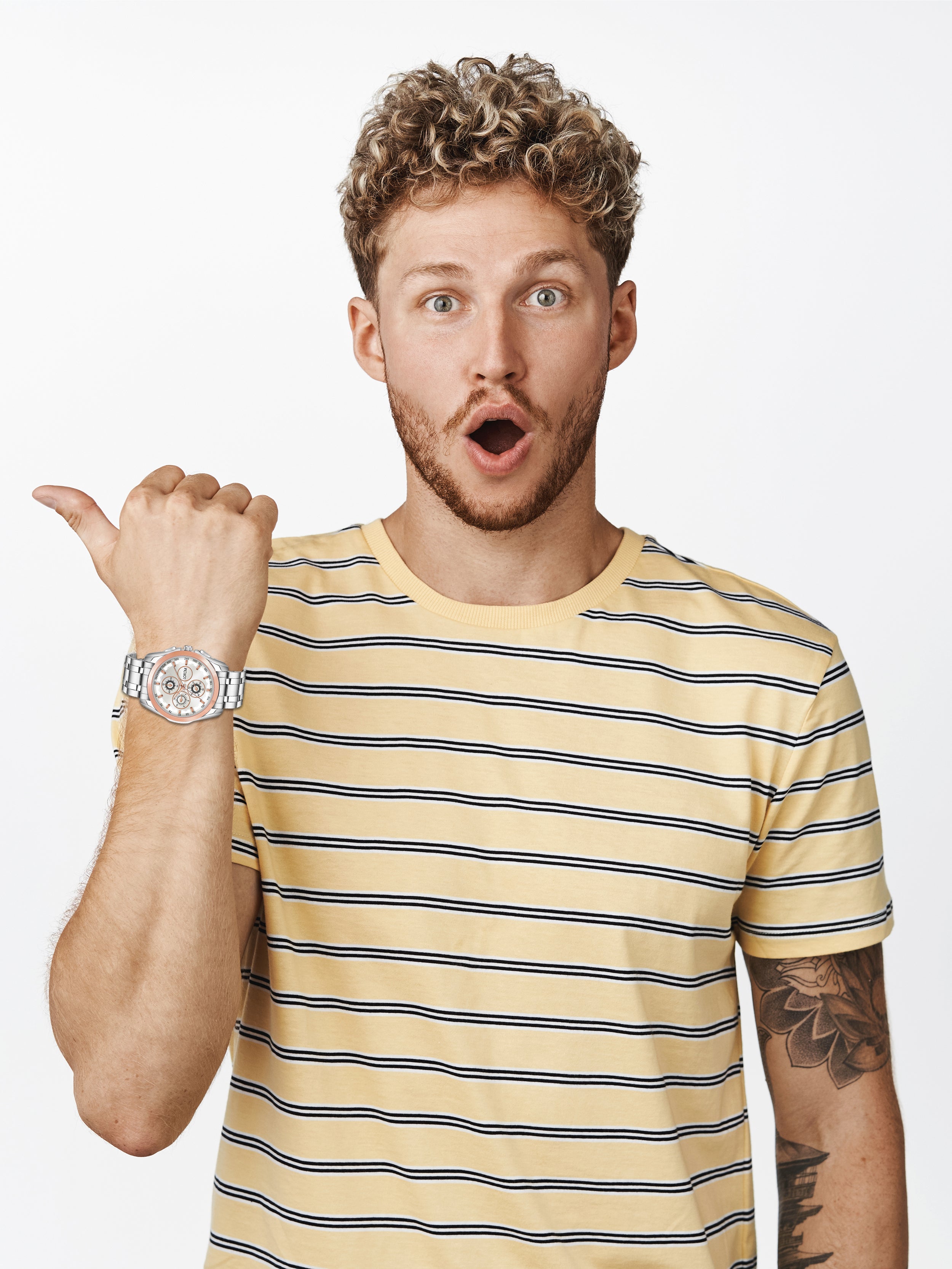 LOREM LR115 Men’s Stainless Steel Strap Wrist Watch with Brass Dial, Zinc Alloy Case