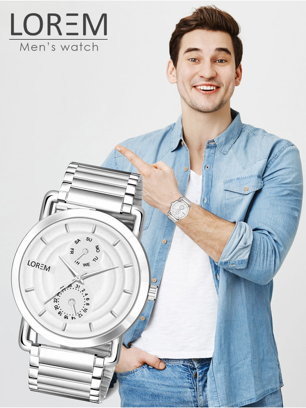 LOREM LR121 Men’s Stainless Steel Wrist Watch with Brass Hydraulic Dial, Day & Date Function.