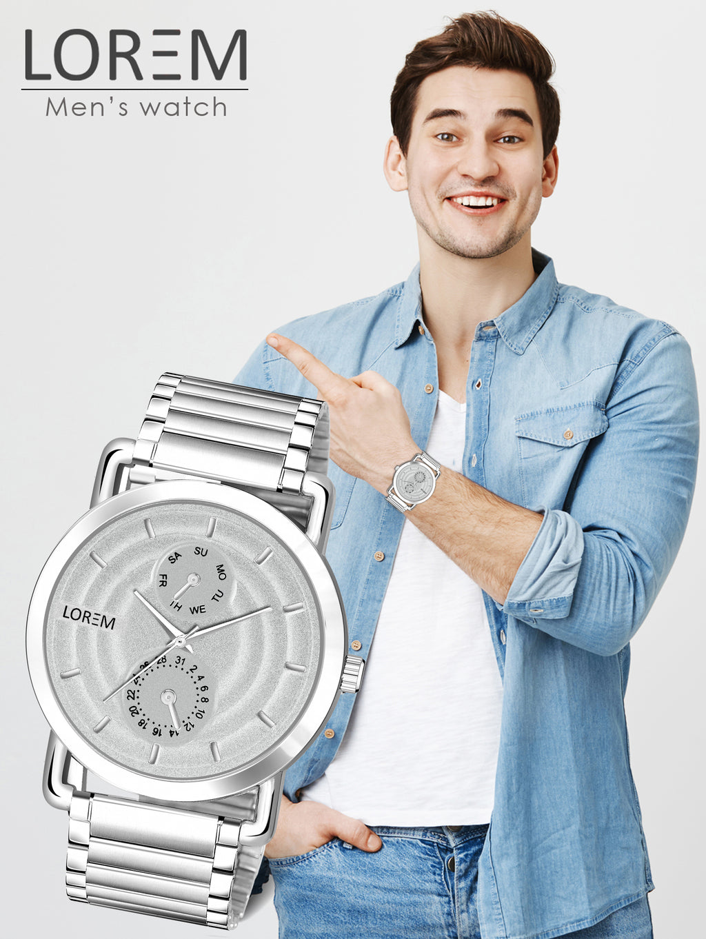 LOREM LR124 Men’s Stainless Steel Wrist Watch with Brass Hydraulic Dial, Day & Date Function.