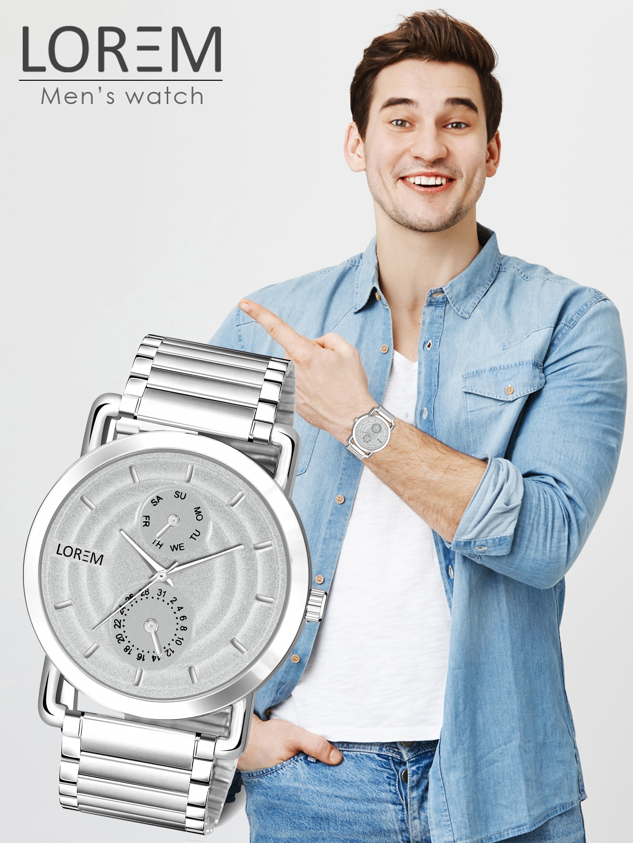 LOREM LR124 Men’s Stainless Steel Wrist Watch with Brass Hydraulic Dial, Day & Date Function.