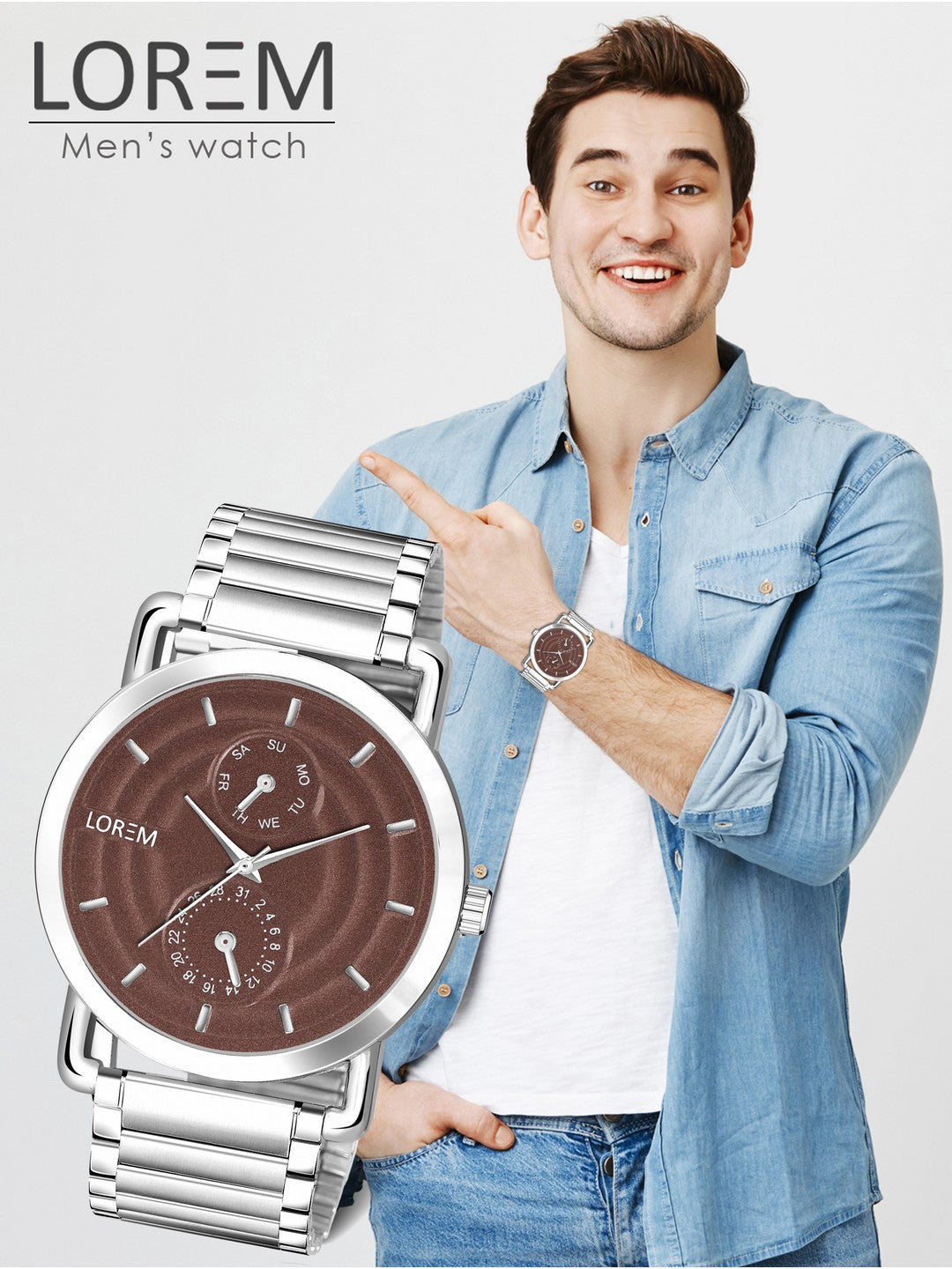 LOREM LR123 Men’s Stainless Steel Wrist Watch with Brass Hydraulic Dial, Day & Date Function.