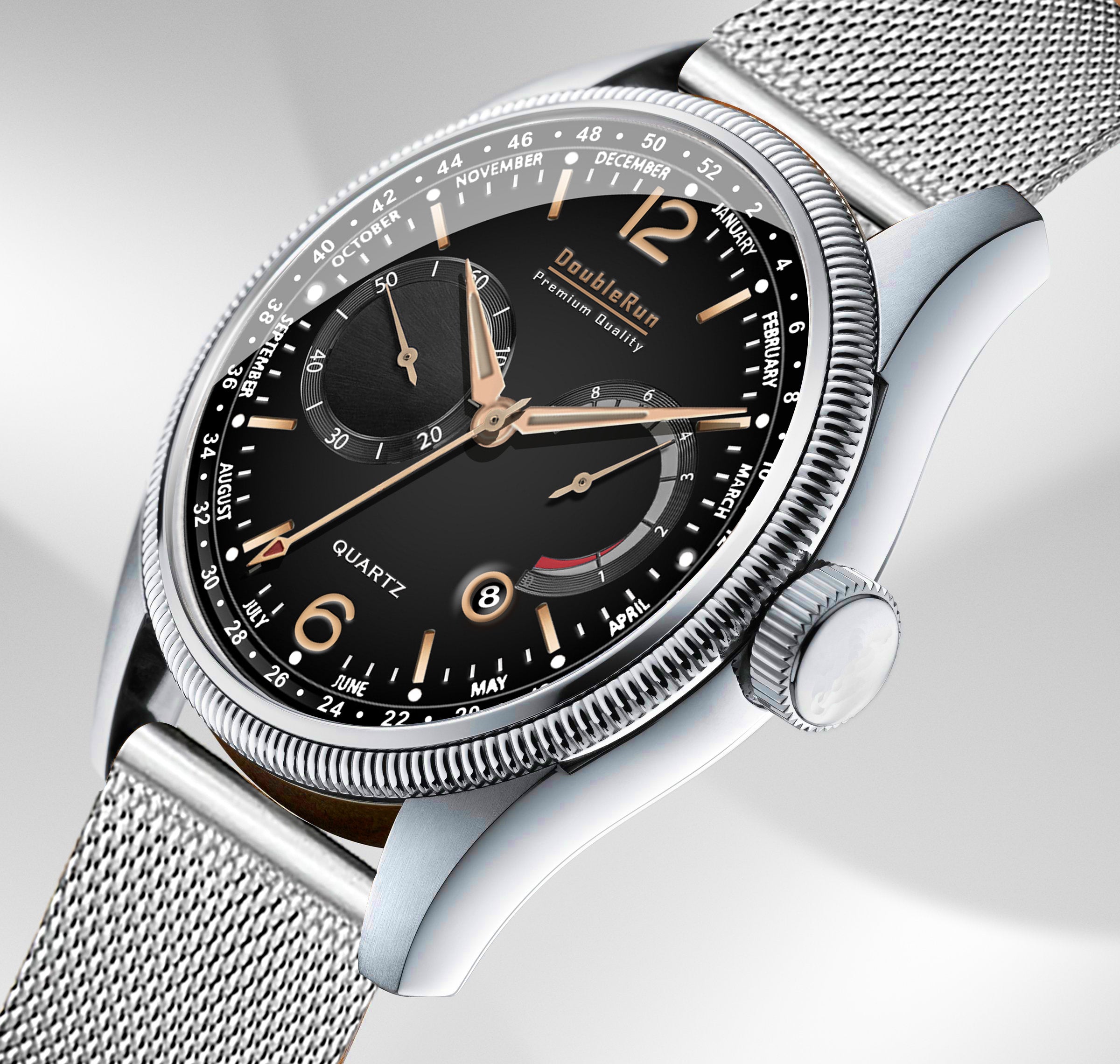 Doublerun DR8003 Men’s Wrist Watch with 3D Glass, Stainless Steel Strap & Multi-Functional Dial