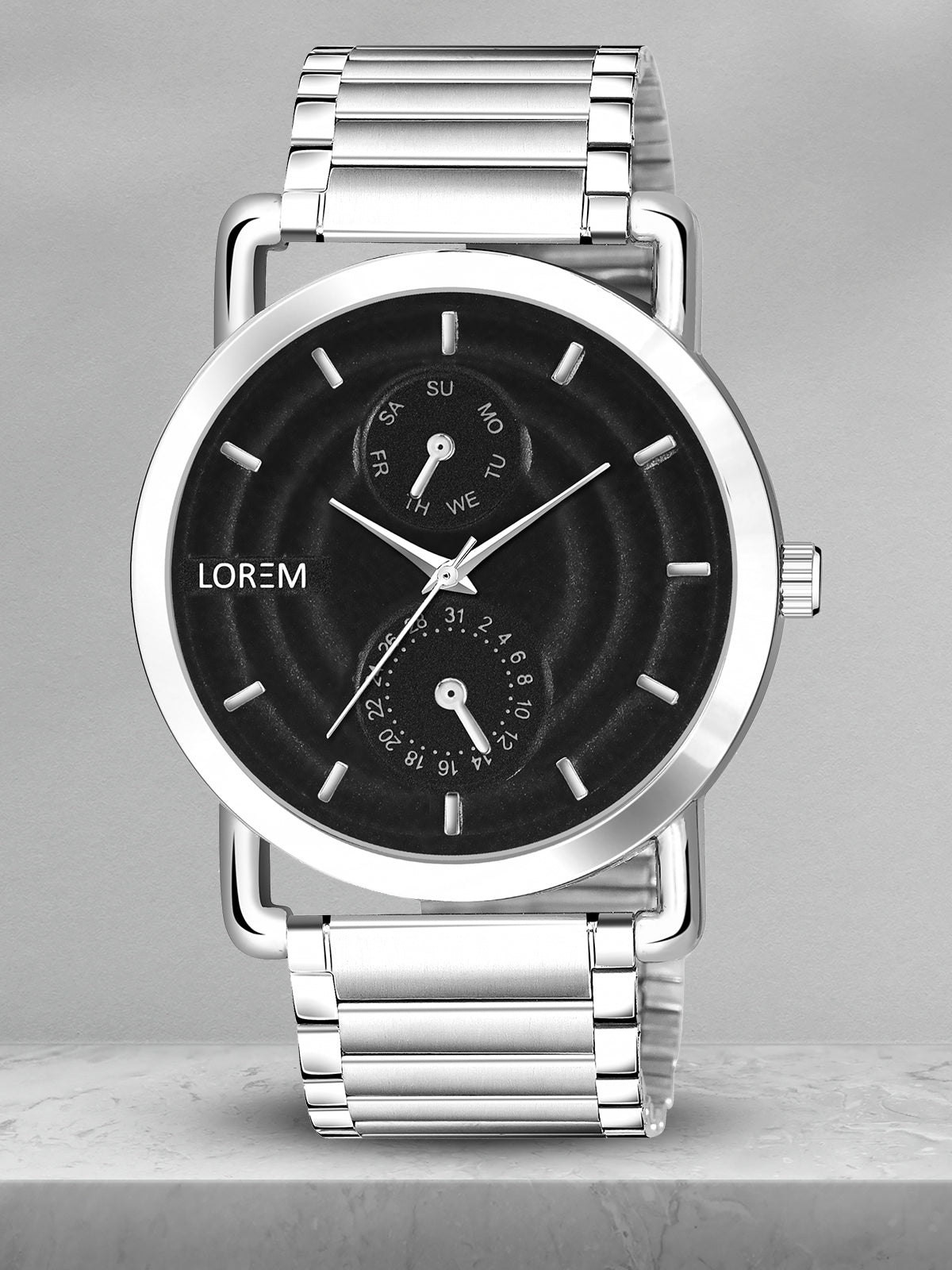 LOREM LR120 Men’s Stainless Steel Wrist Watch with Brass Hydraulic Dial, Day & Date Function.