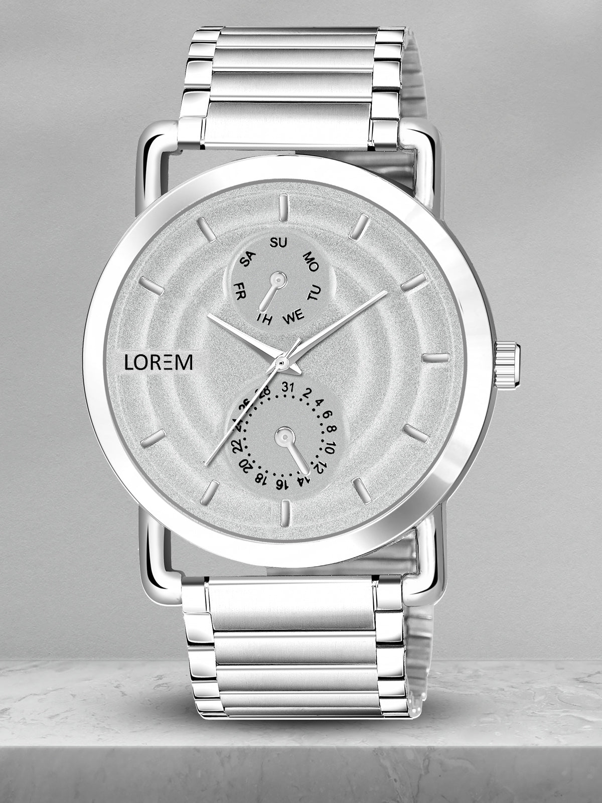 LOREM LR124 Men’s Stainless Steel Wrist Watch with Brass Hydraulic Dial, Day & Date Function.